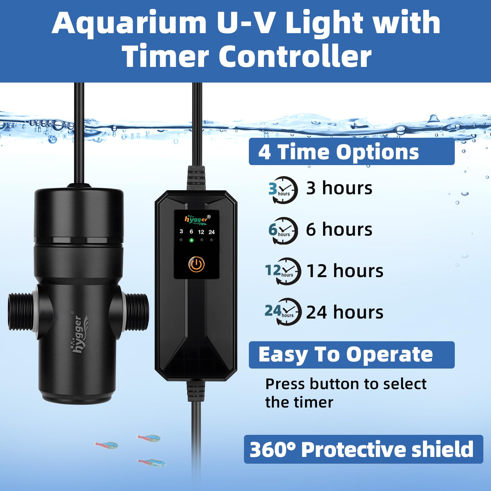 hygger U-V light shielded housing protects fish and prevents leakage.