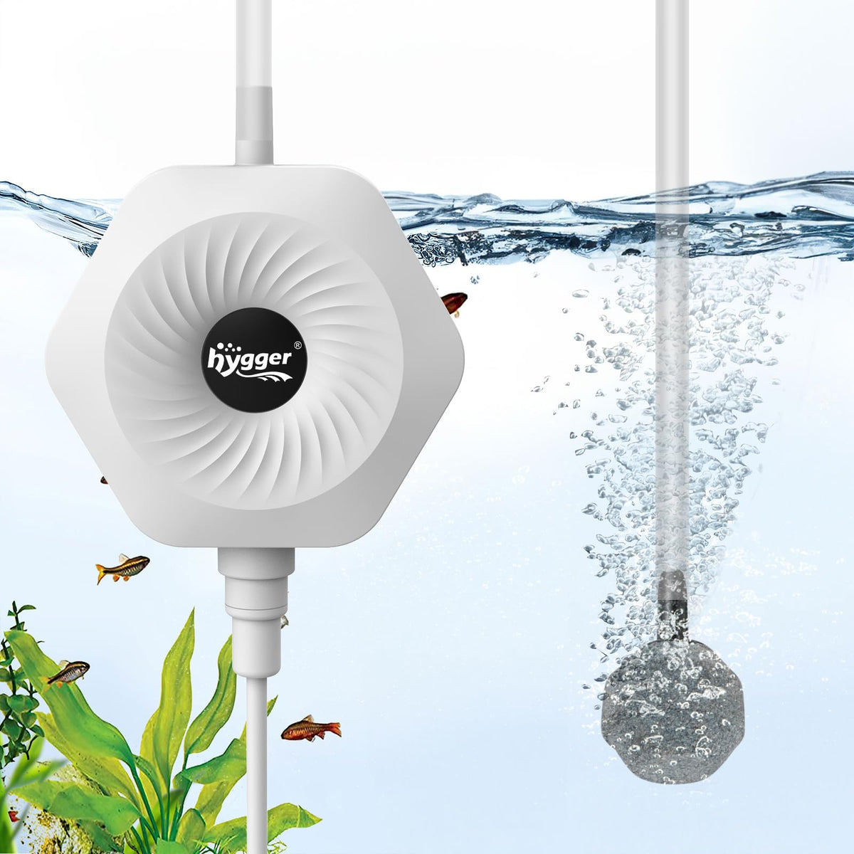 Hygger Ultra Silent 1.5W air pump powering a small fish bowl with gentle bubbles for quiet nights.