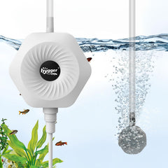 Hygger Ultra Silent 1.5W air pump powering a small fish bowl with gentle bubbles for quiet nights.