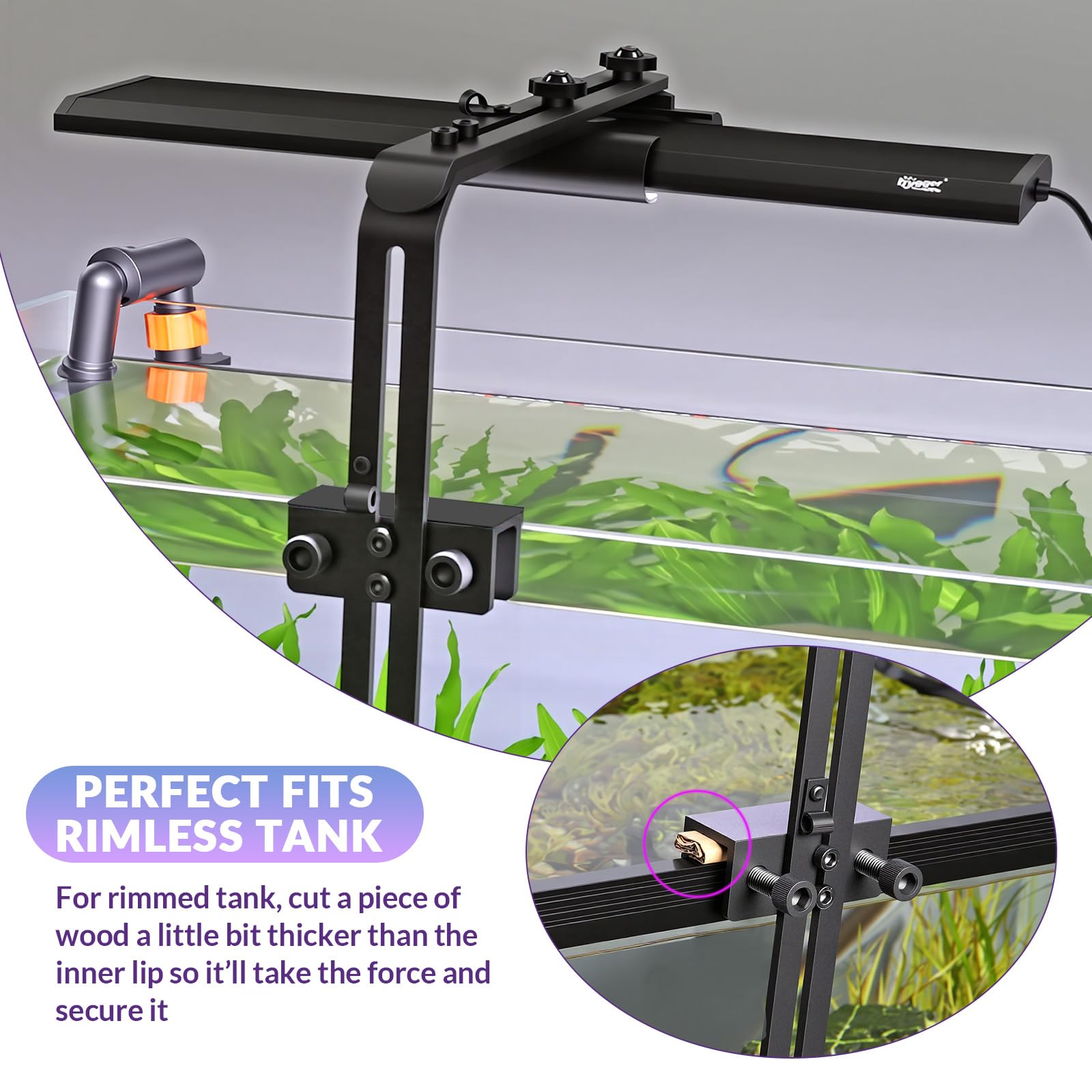 Hygger light riser demonstrates tilt and slide adjustment for tank variety
