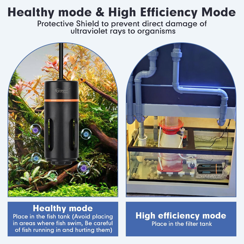 Hygger U-V light in healthy mode with shield closed for safe operation.
