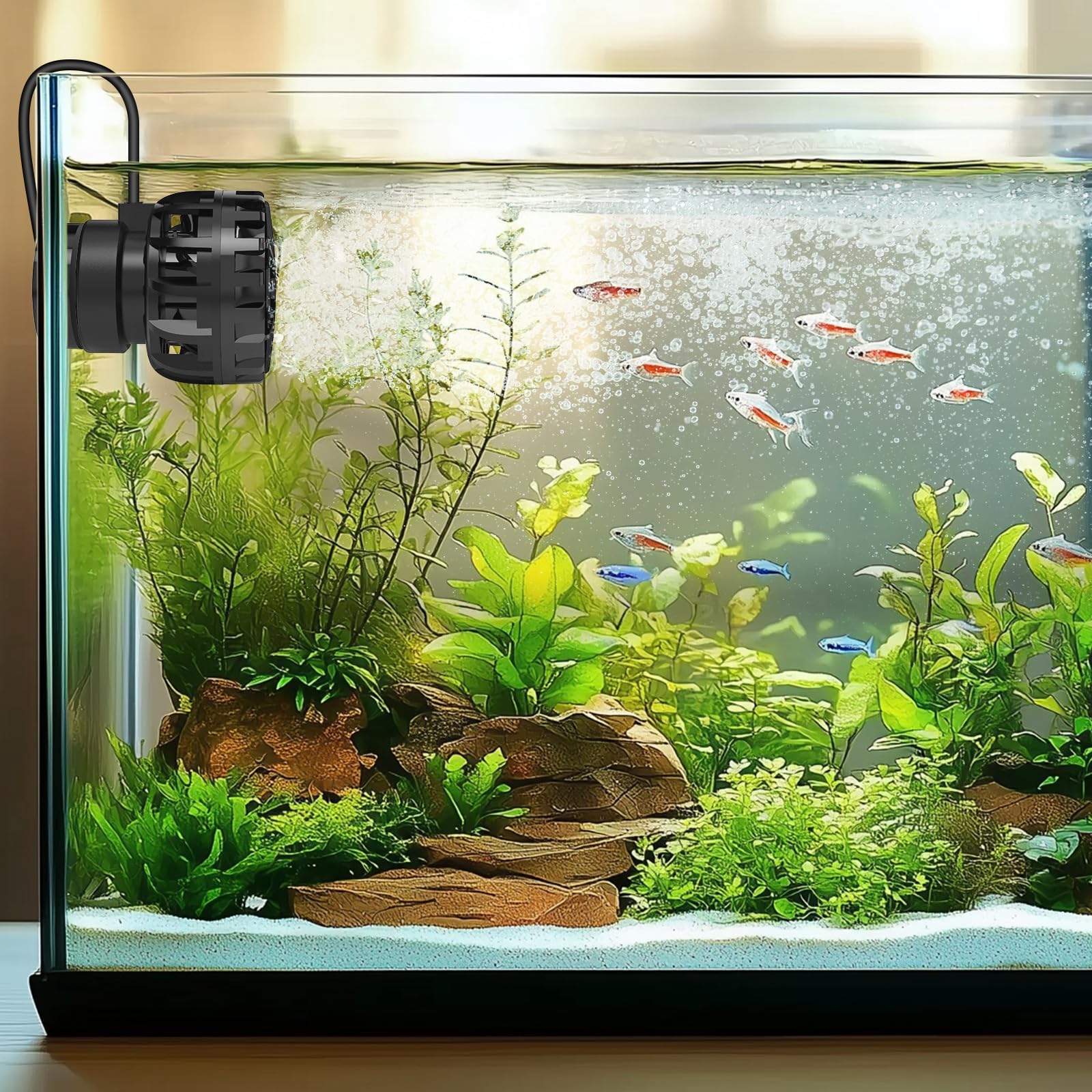 In-use demonstration shows natural water flow in a small tank.