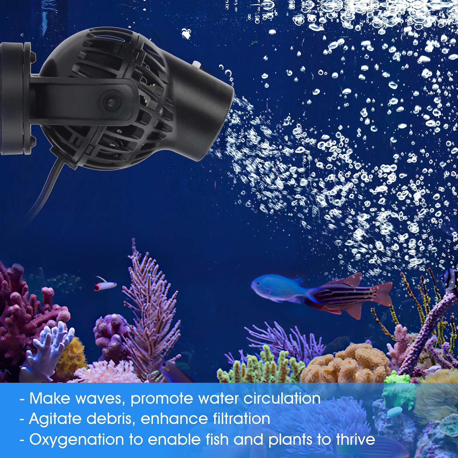 Hygger Wave Maker with 6ft power cord offers flexible placement.