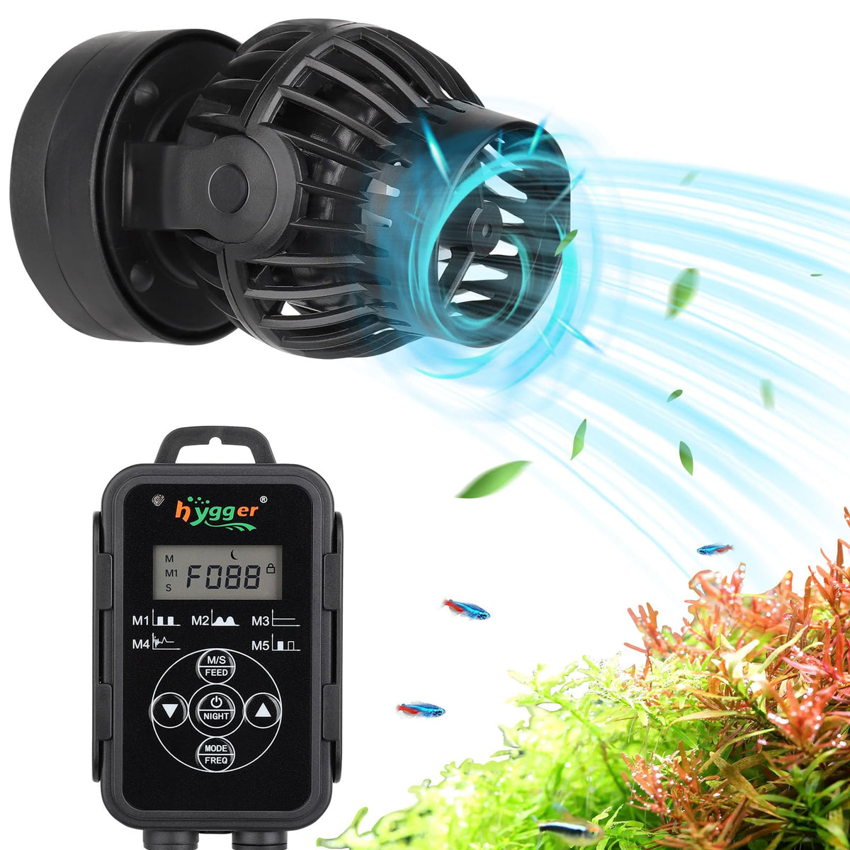 hygger wave maker front view showing compact design and quiet operation