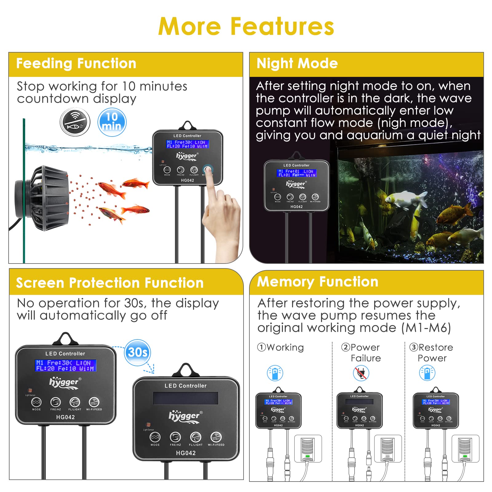 Hygger wavemaker displays 6 wave modes and 20 levels for versatile currents.