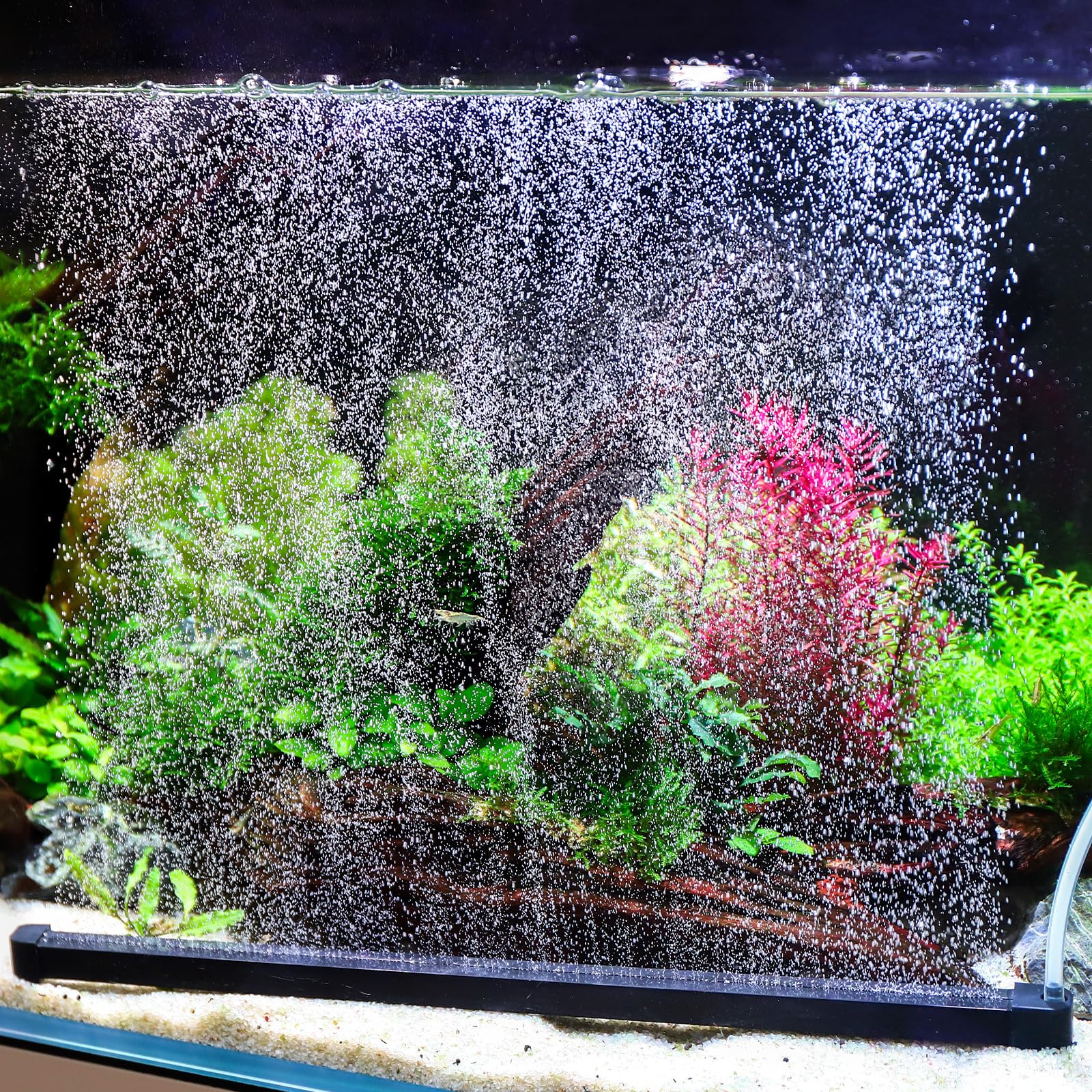 Hygger weighted nano mist bubble wall bar front view showing a dense bubble curtain for aeration.