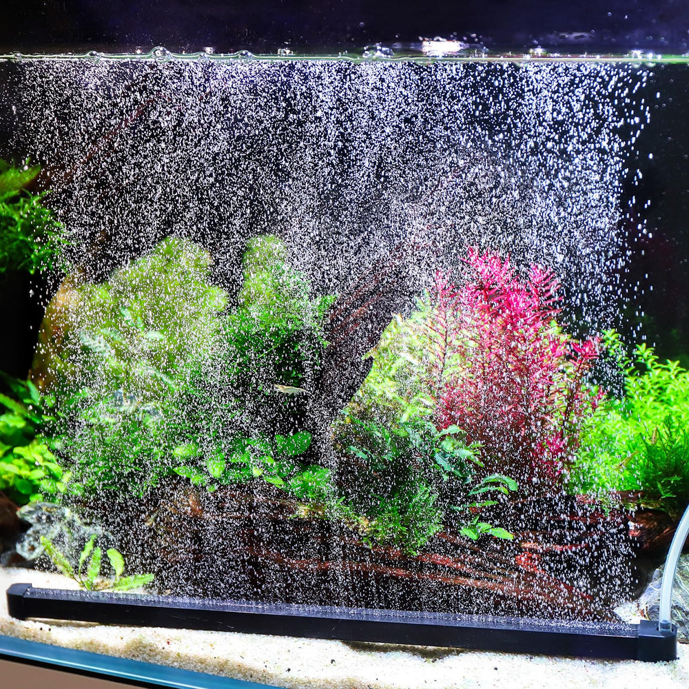 Hygger weighted nano mist bubble wall bar front view showing a dense bubble curtain for aeration.