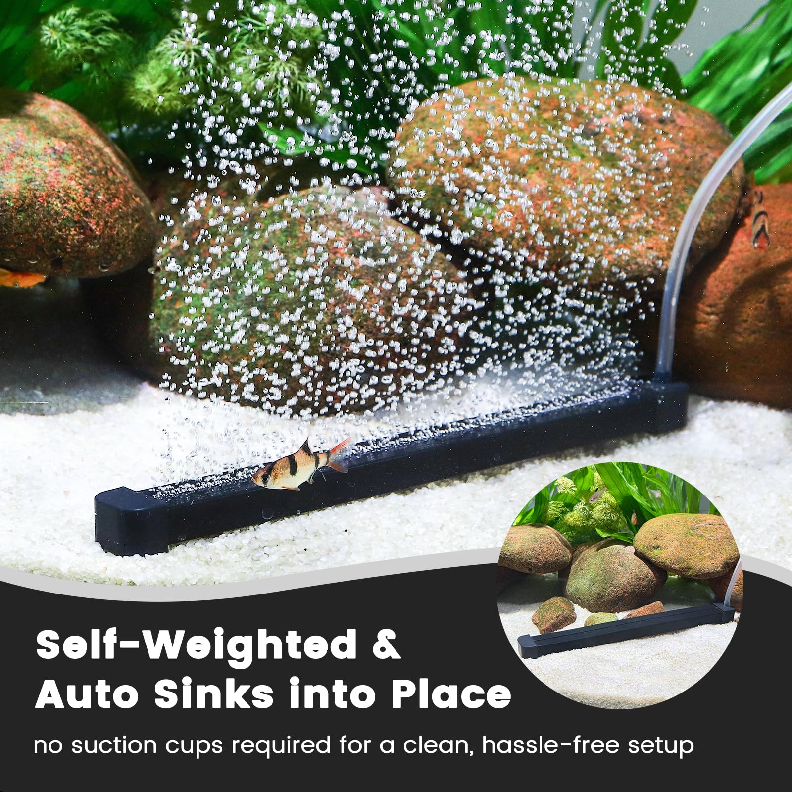 Hygger bubble wall bar submerged installation demonstrates stable, clutter-free aeration along the tank bottom.