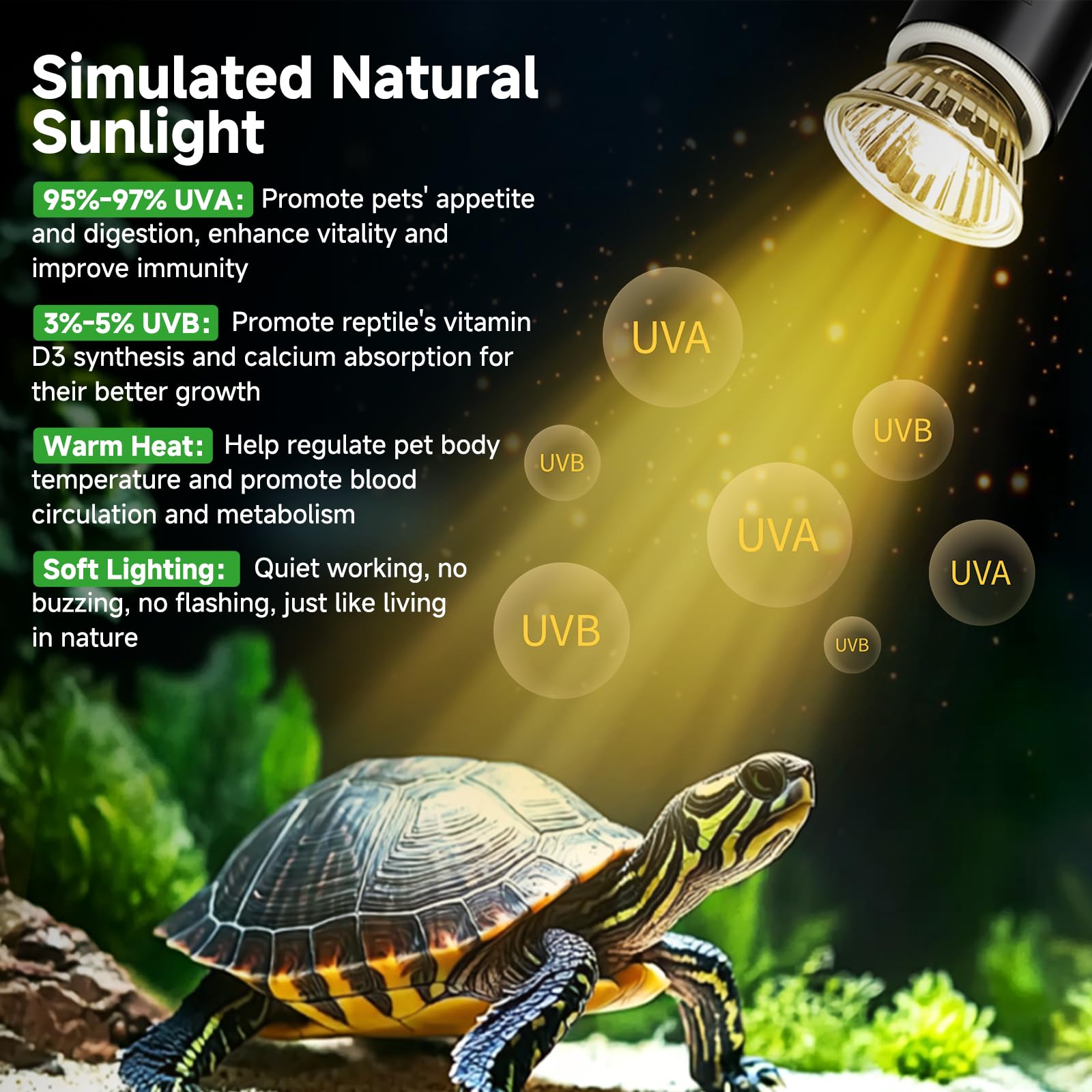 Hygger Zoo heat lamp showing 5 level heating control for different pets