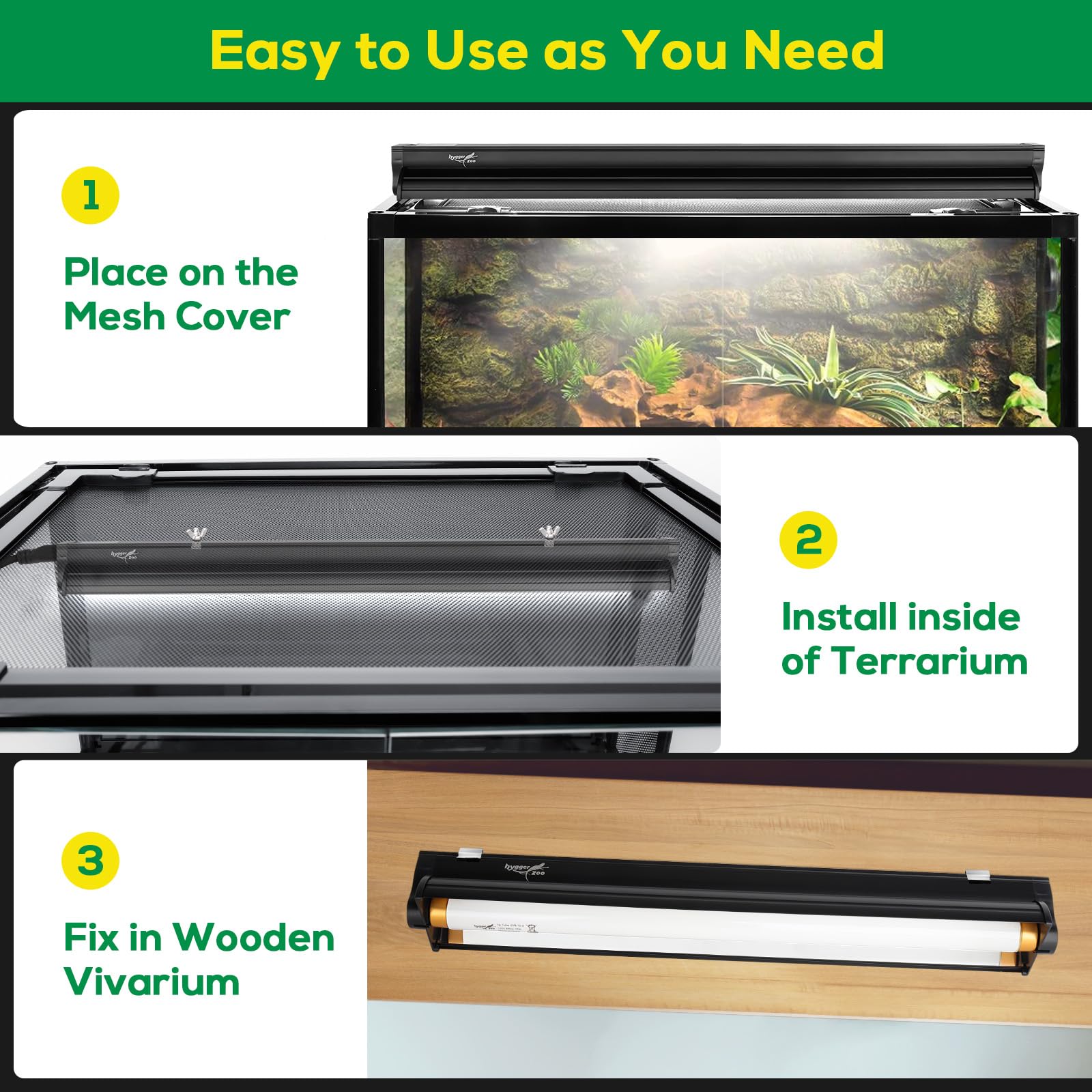 Hygger Zoo T5 UVB light fixture mounted on mesh cover for versatile setup