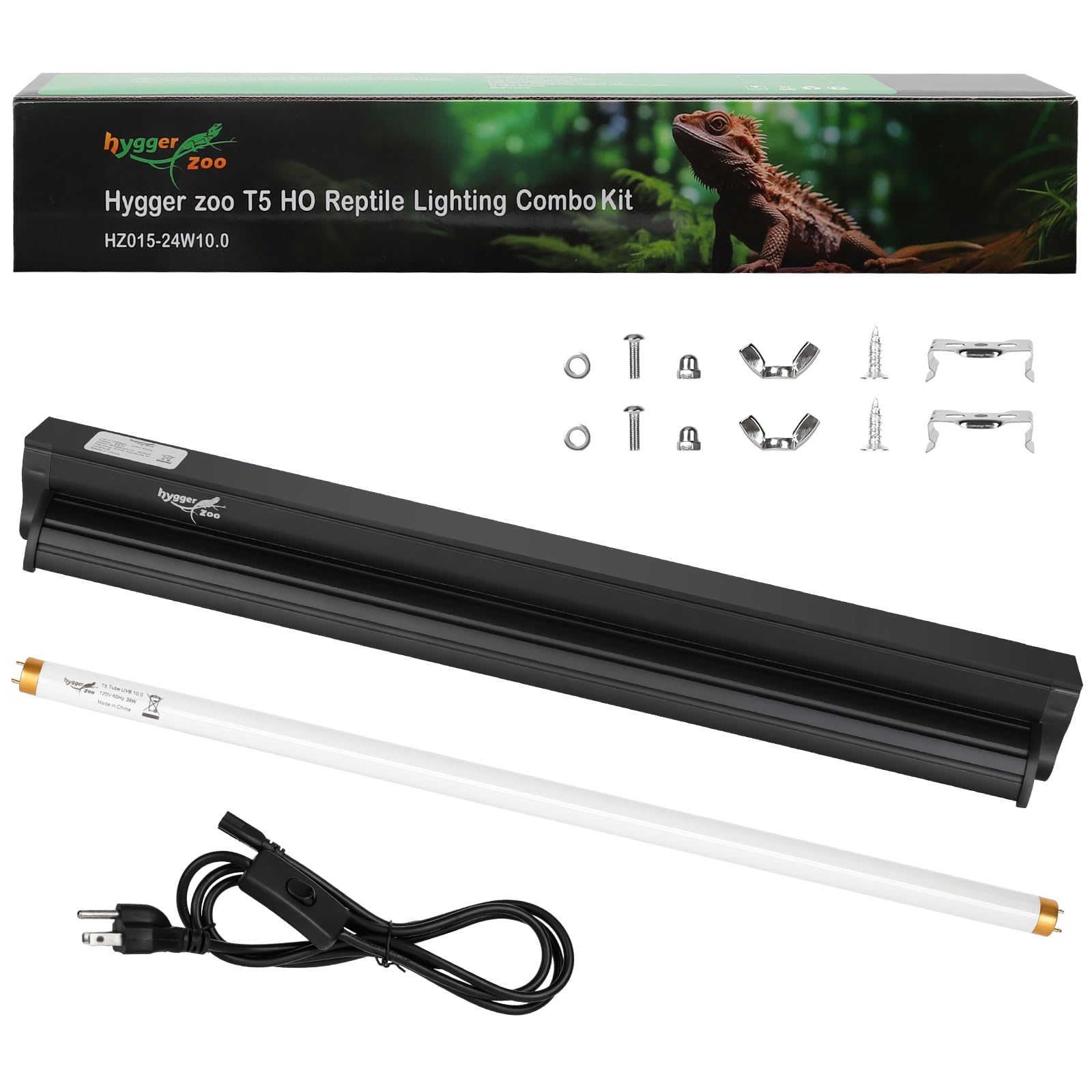 Hygger Zoo T5 UVB light fixture front view highlighting sturdy build for reliable reptile lighting