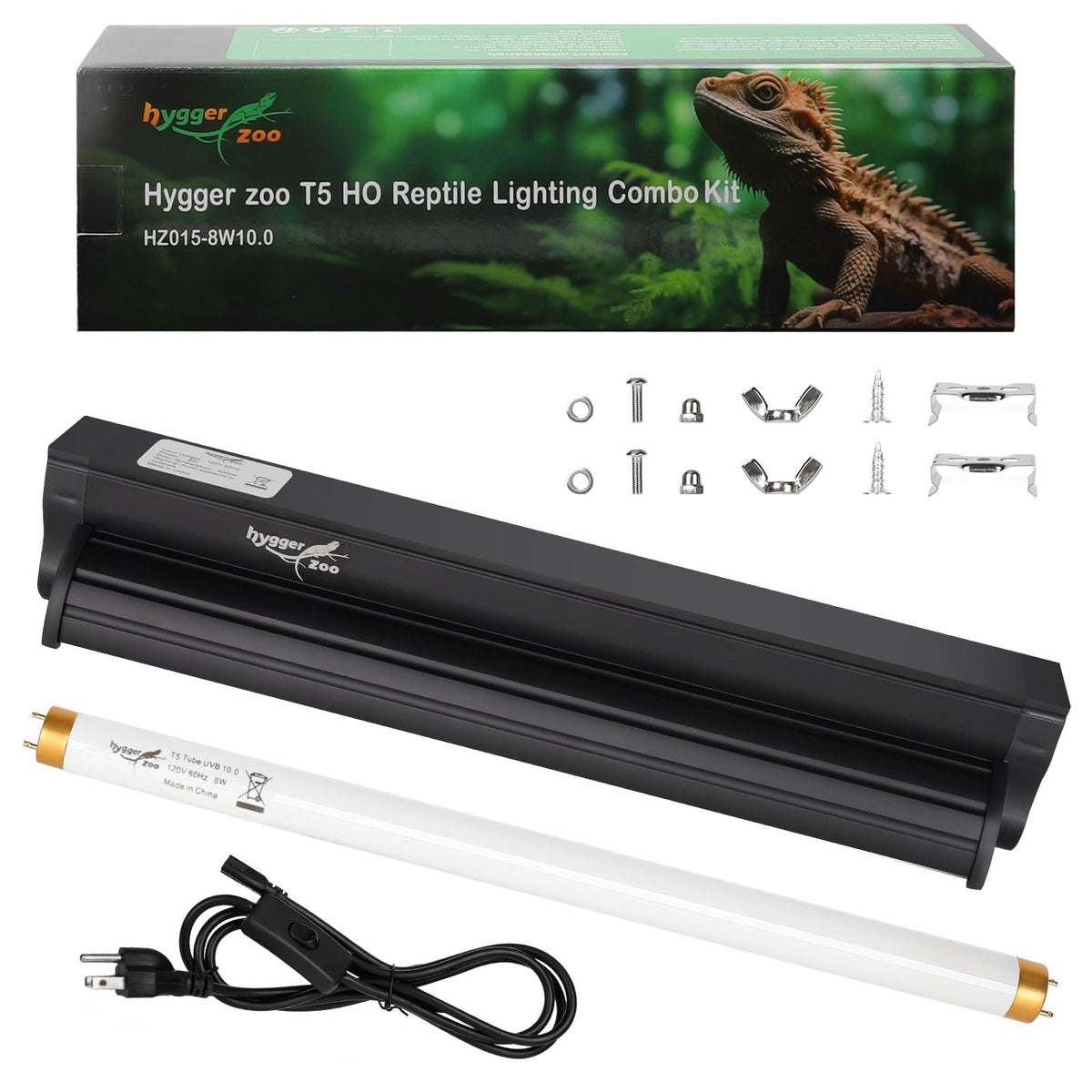 Hygger zoo T5 UVB light fixture on a 12-inch hood for basking.