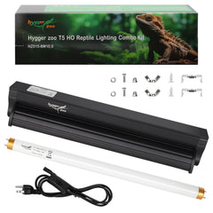 Hygger zoo T5 UVB light fixture on a 12-inch hood for basking.