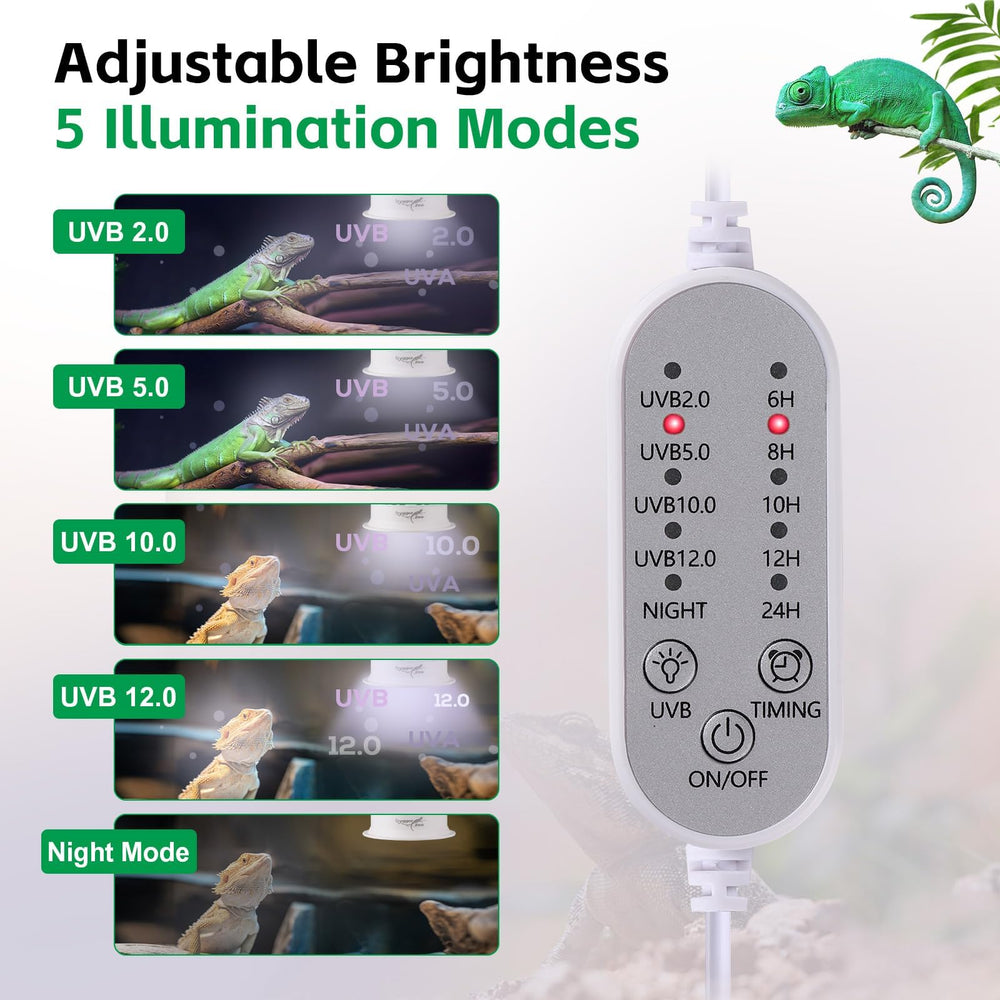 Hygger Zoo UVB light with timer and brightness control for day-night cycles.