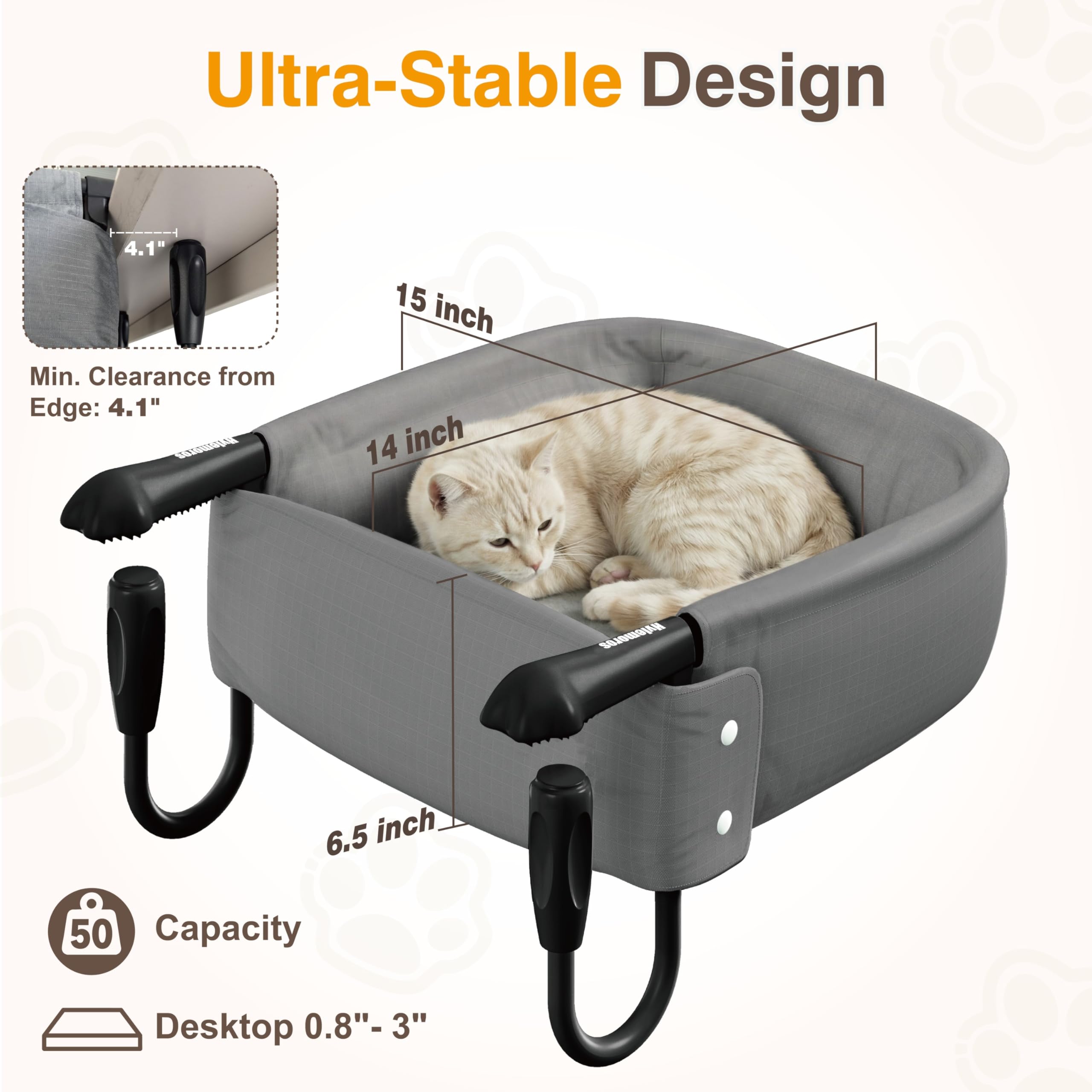 Hylemoros cat desk bed mounted securely to a desk with tool-free installation.