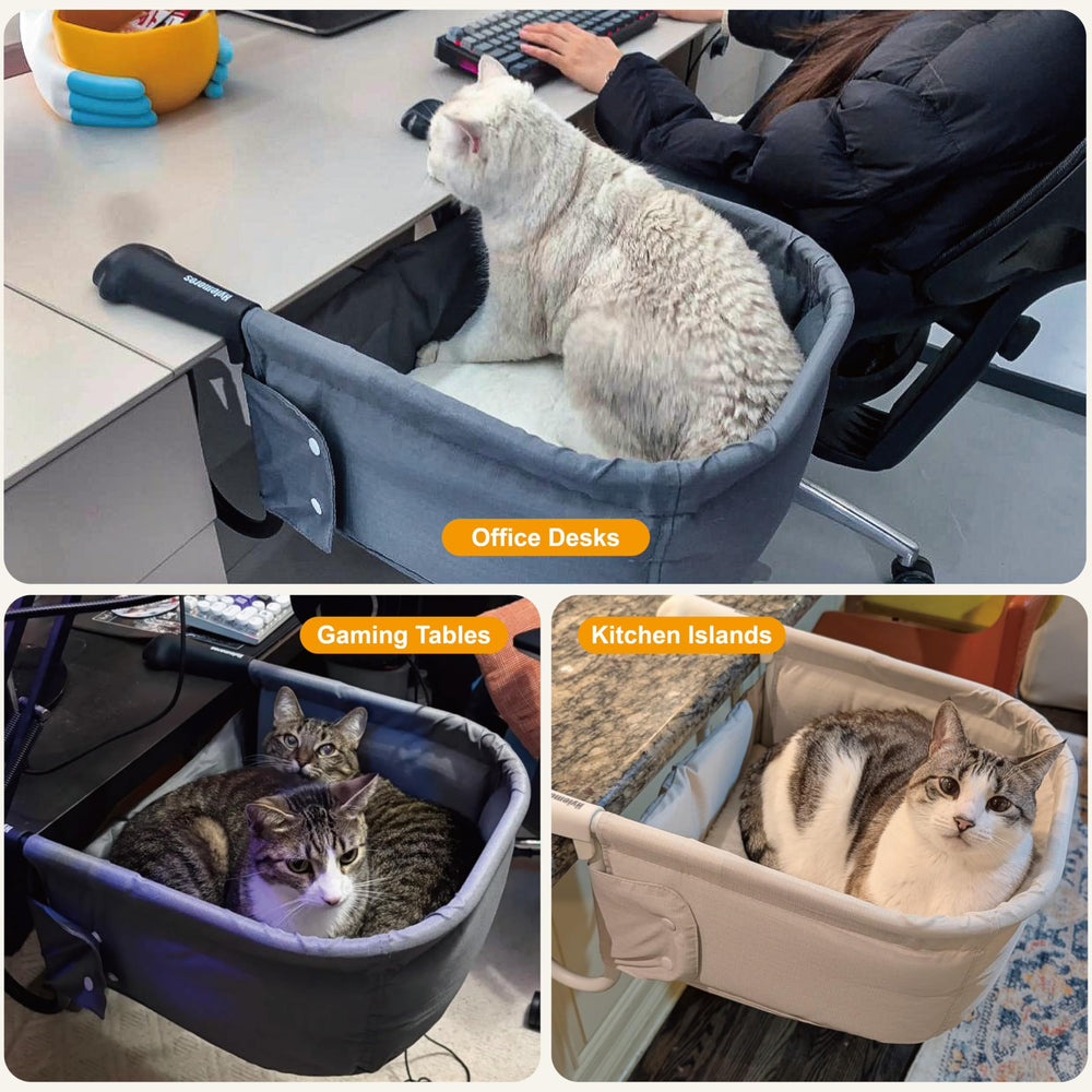Hylemoros cat desk bed keeps pets nearby during work or play.
