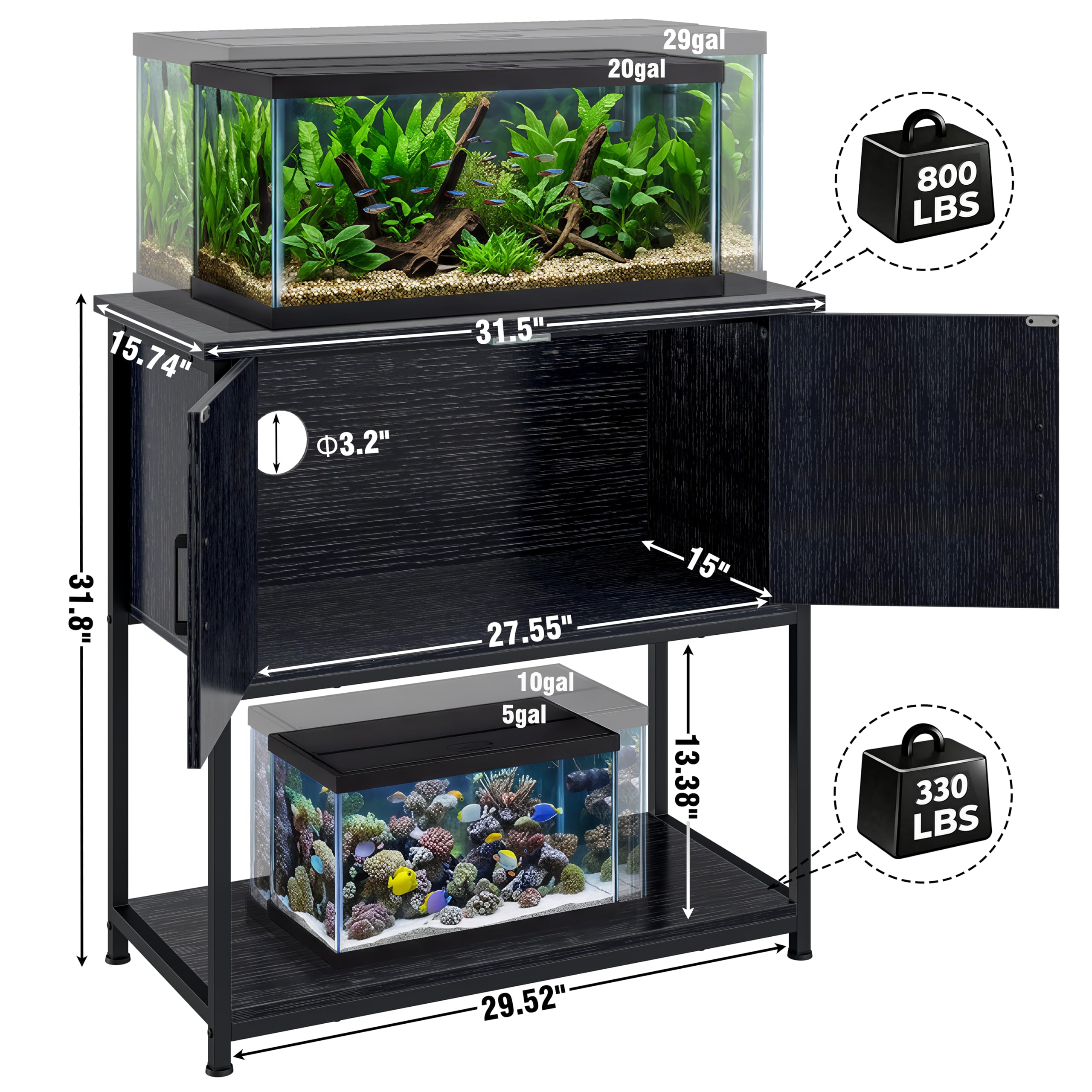 Hylemoros farmhouse black stand front view highlighting integrated storage