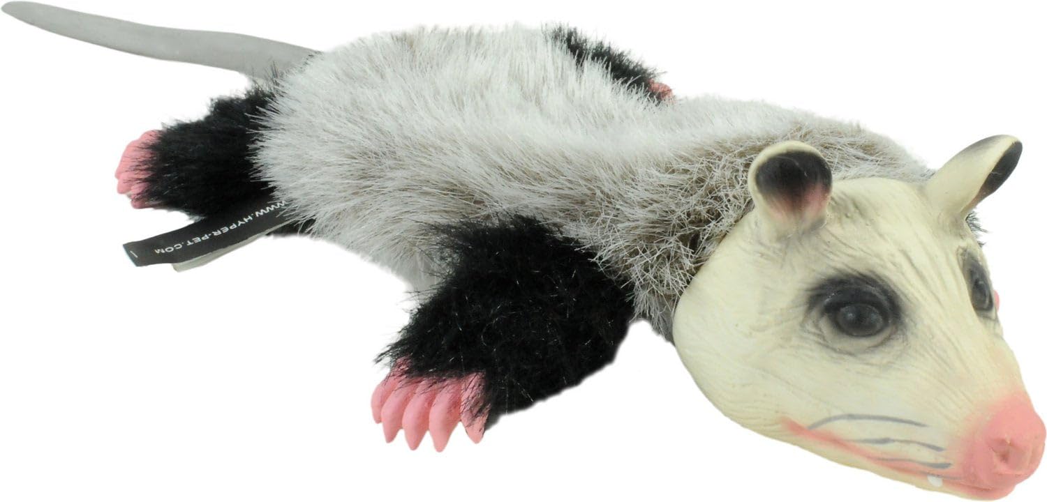 Hyper Pet Real Skinz Opossum head with squeaker for interactive fetch.
