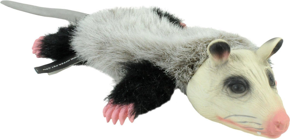 Hyper Pet Real Skinz Opossum head with squeaker for interactive fetch.