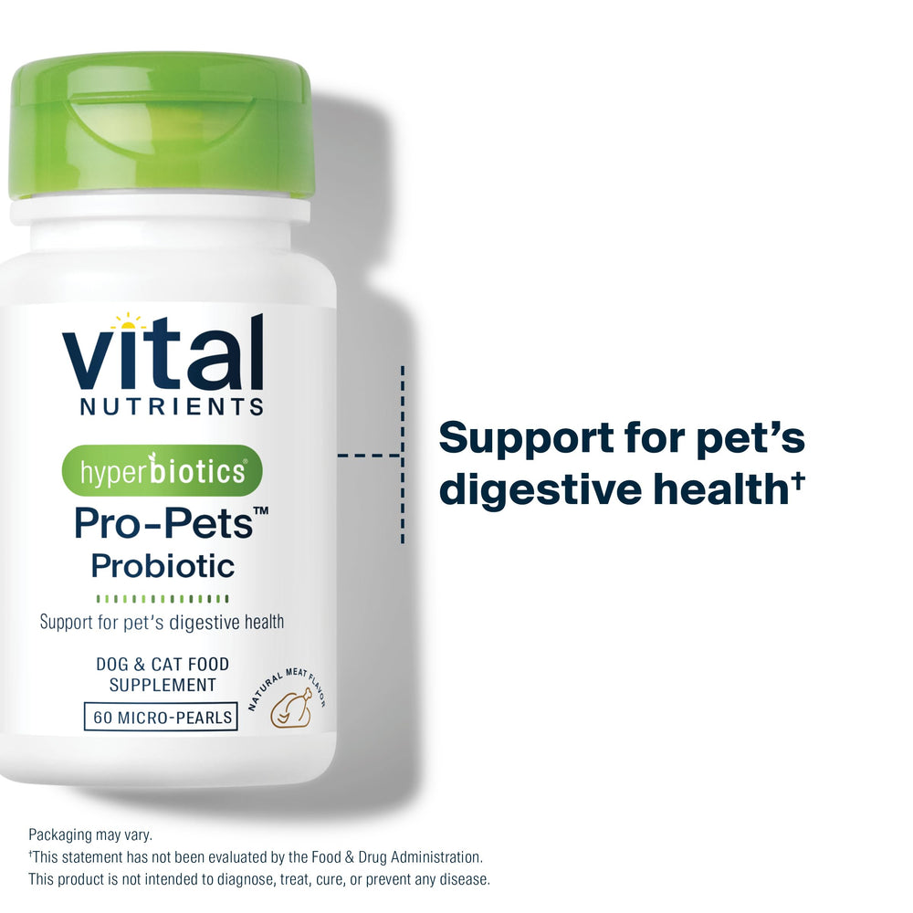 Hyperbiotics Vital Nutrients Pro Pets 3 Billion CFU with five strains for gut support.