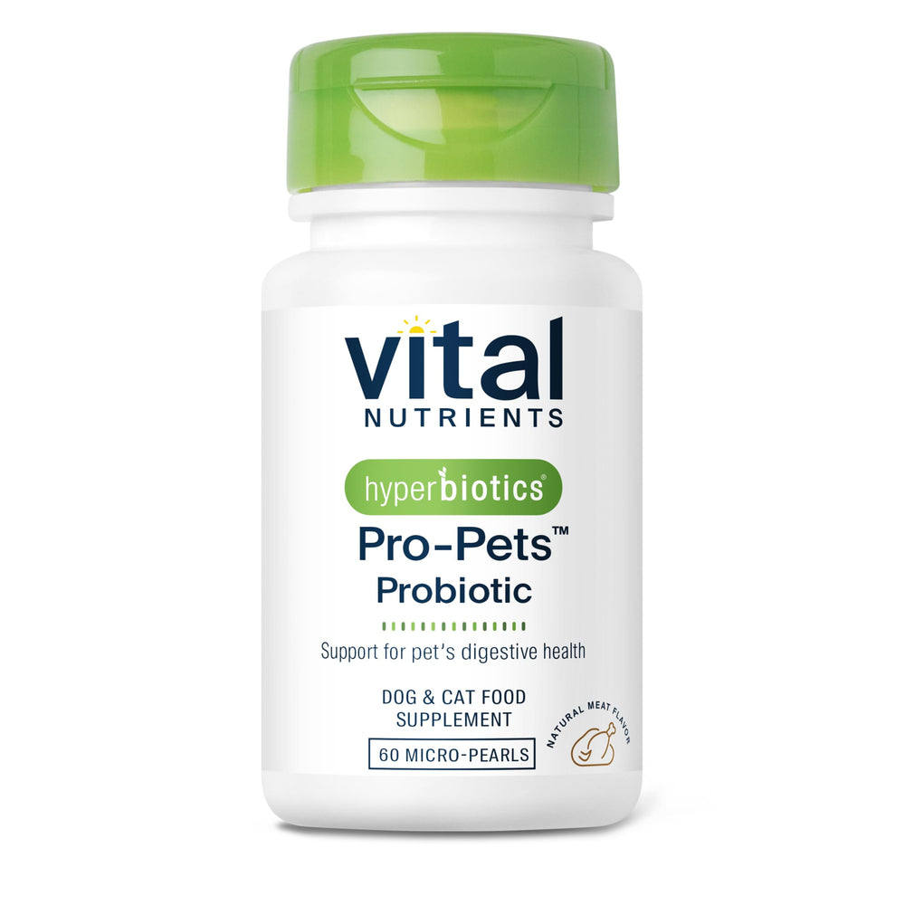 Hyperbiotics Vital Nutrients Pro Pets meat-flavor chew aids easy digestion for dogs and cats.