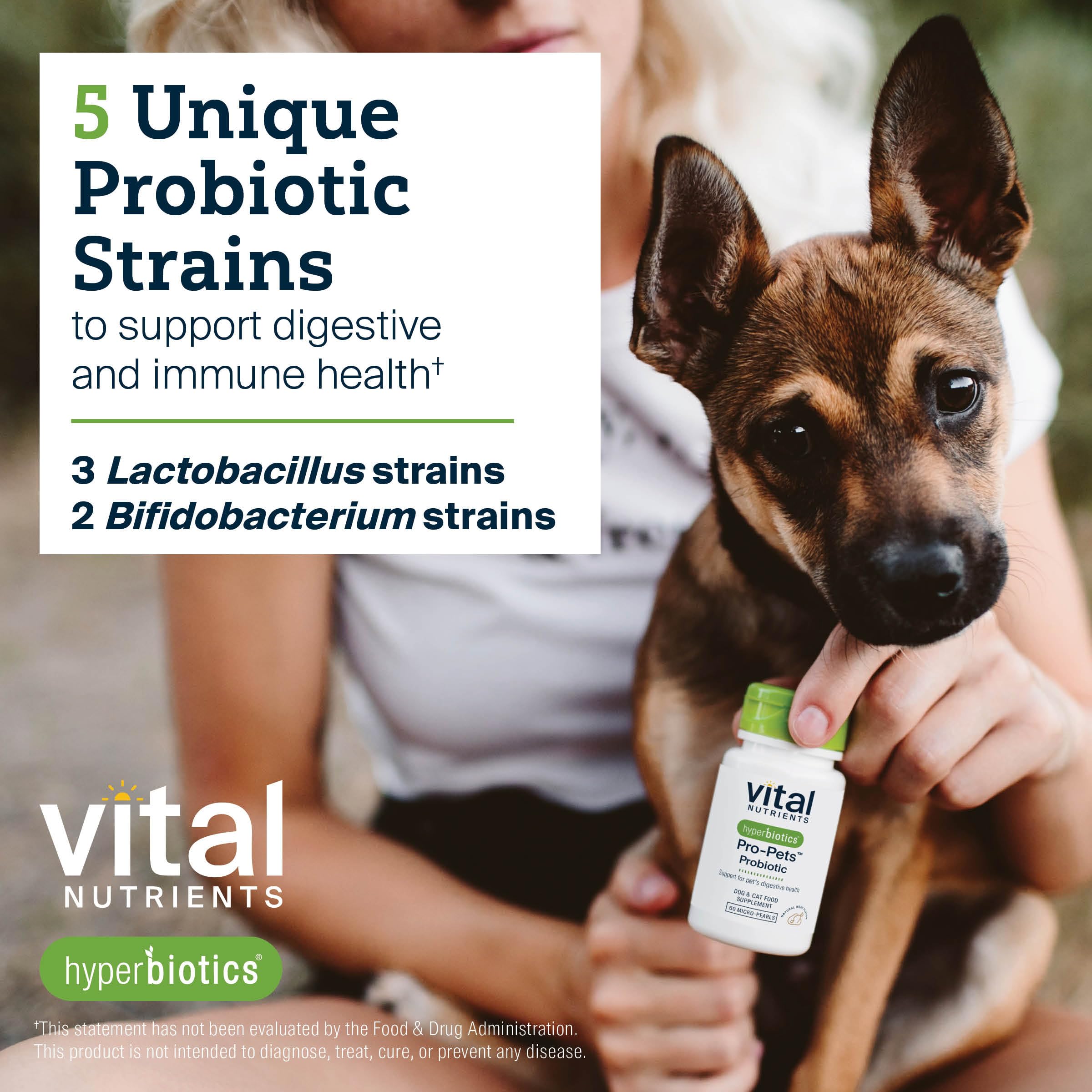 Hyperbiotics Vital Nutrients Pro Pets shelf-stable formula for convenient storage.