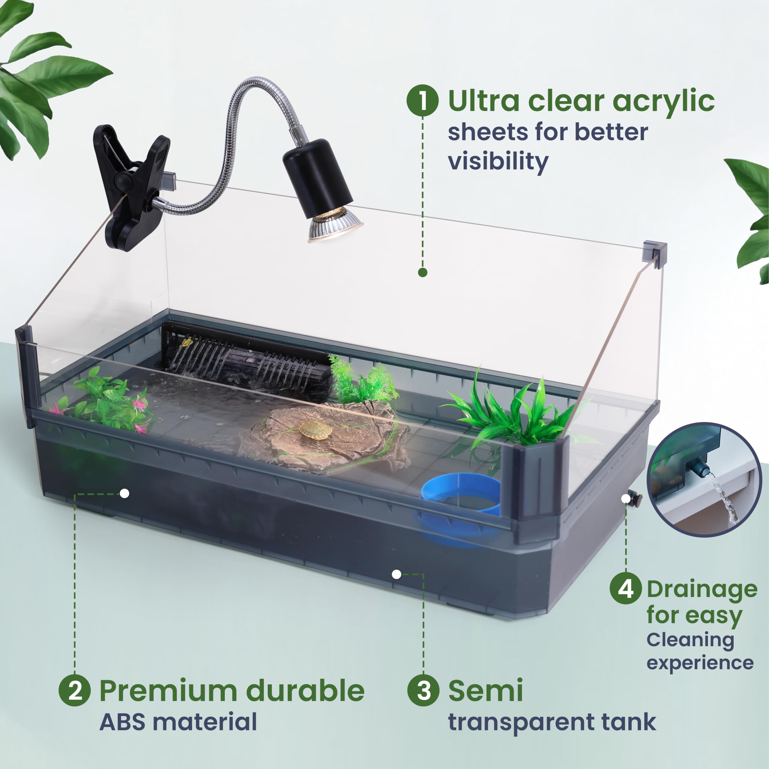 HYPESIDE turtle tank side view showing ample space and clear acrylic walls