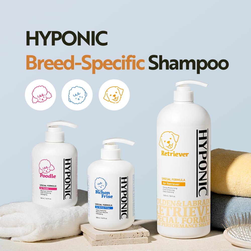 Packaging design of HYPONIC Bichon Frise shampoo focused on care.