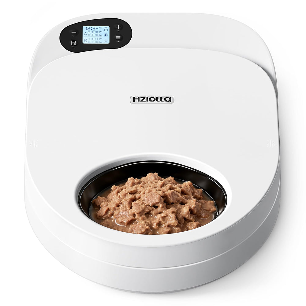 Hziotta refrigerated cat feeder front view keeps meals ready for daily portions.
