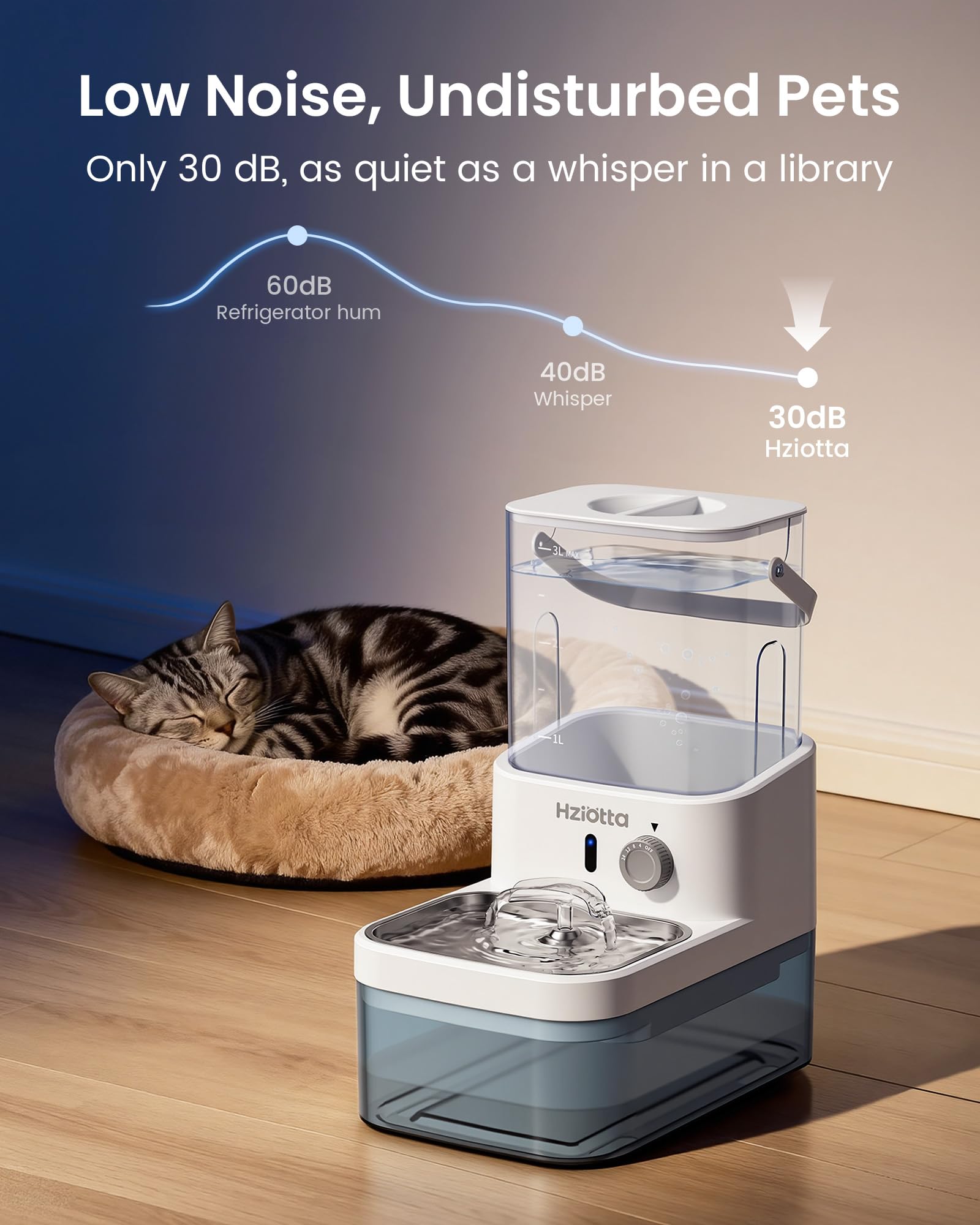 Hziotta compact, low-noise fountain fits bedrooms and living spaces.