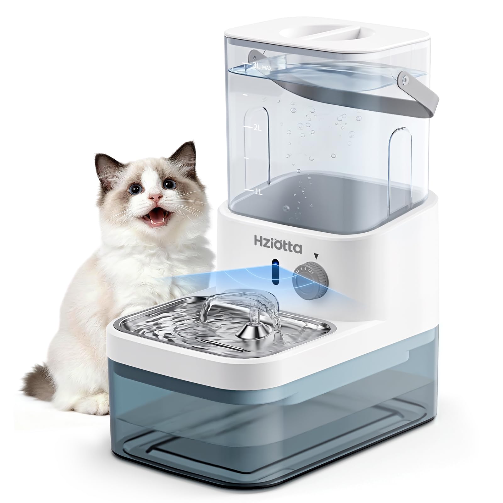 Hziotta cat fountain front view with dual tanks for clean drinking water.