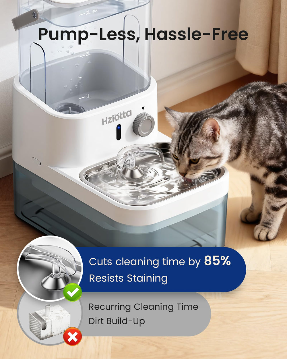 Hziotta radar sensor detects your cat near the drinking area for gentle hydration.