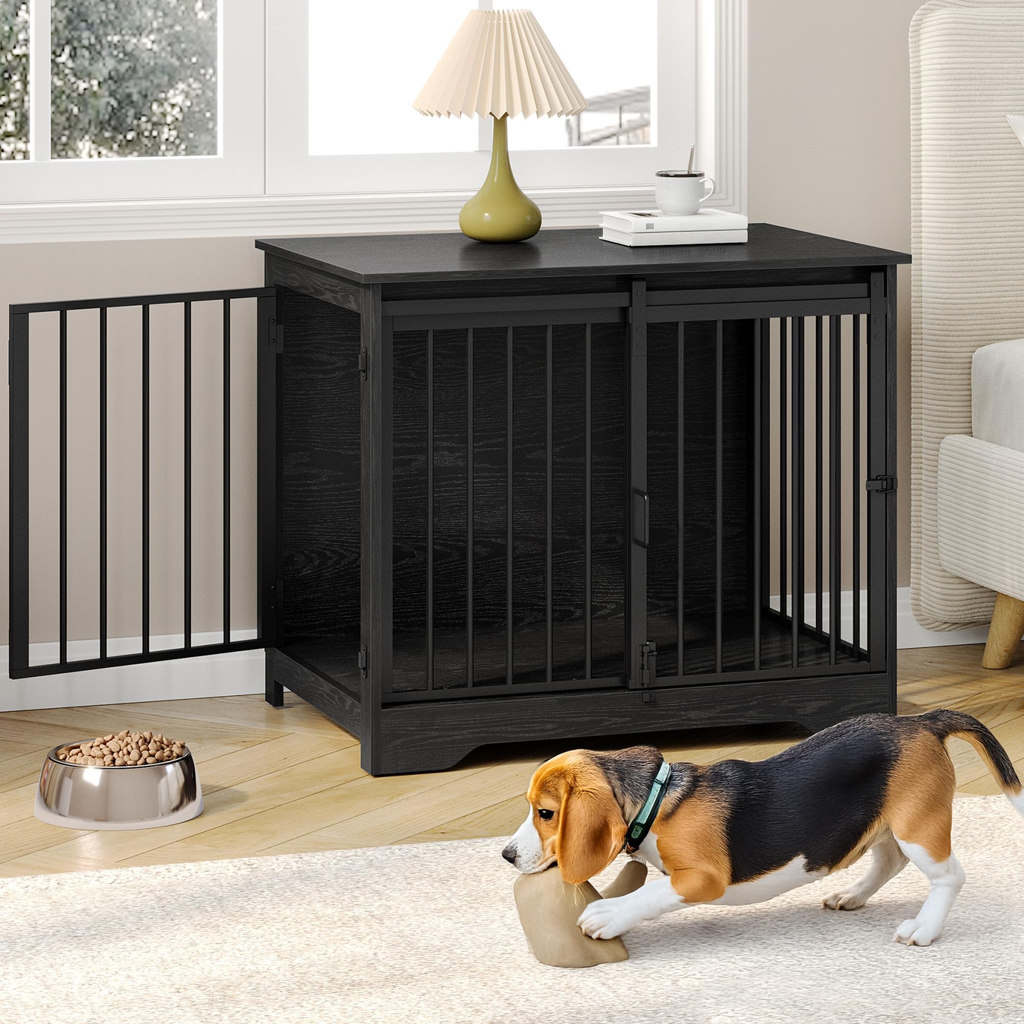 Hzuaneri 31.9 inch dog crate with barn door, space saving design for living rooms.