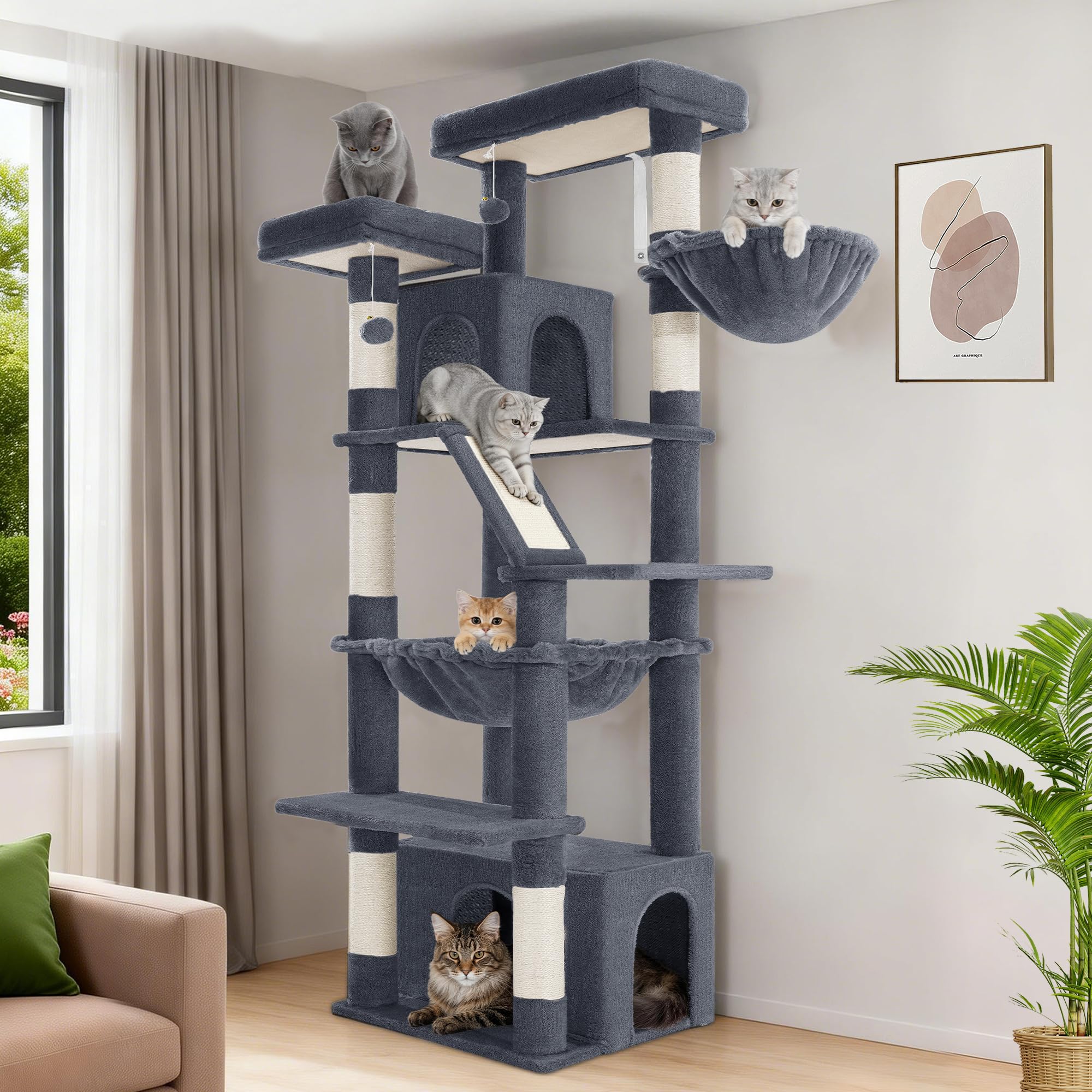 Hzuaneri 72-inch cat tree top view with spacious lounging perches.