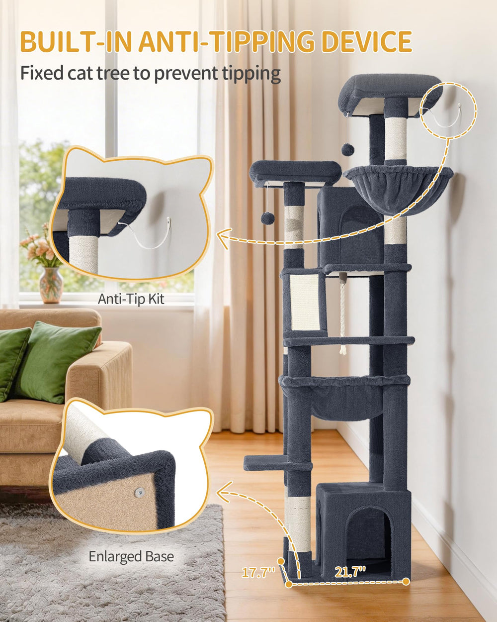 Hzuaneri anti-tip base enhances stability for multi-cat homes.