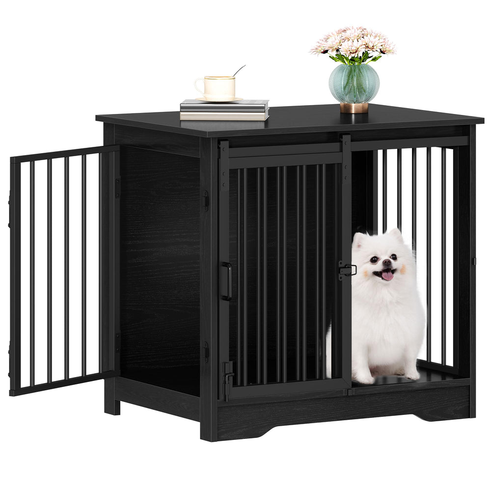 Hzuaneri barn-door dog crate offers space-saving design for small dogs.