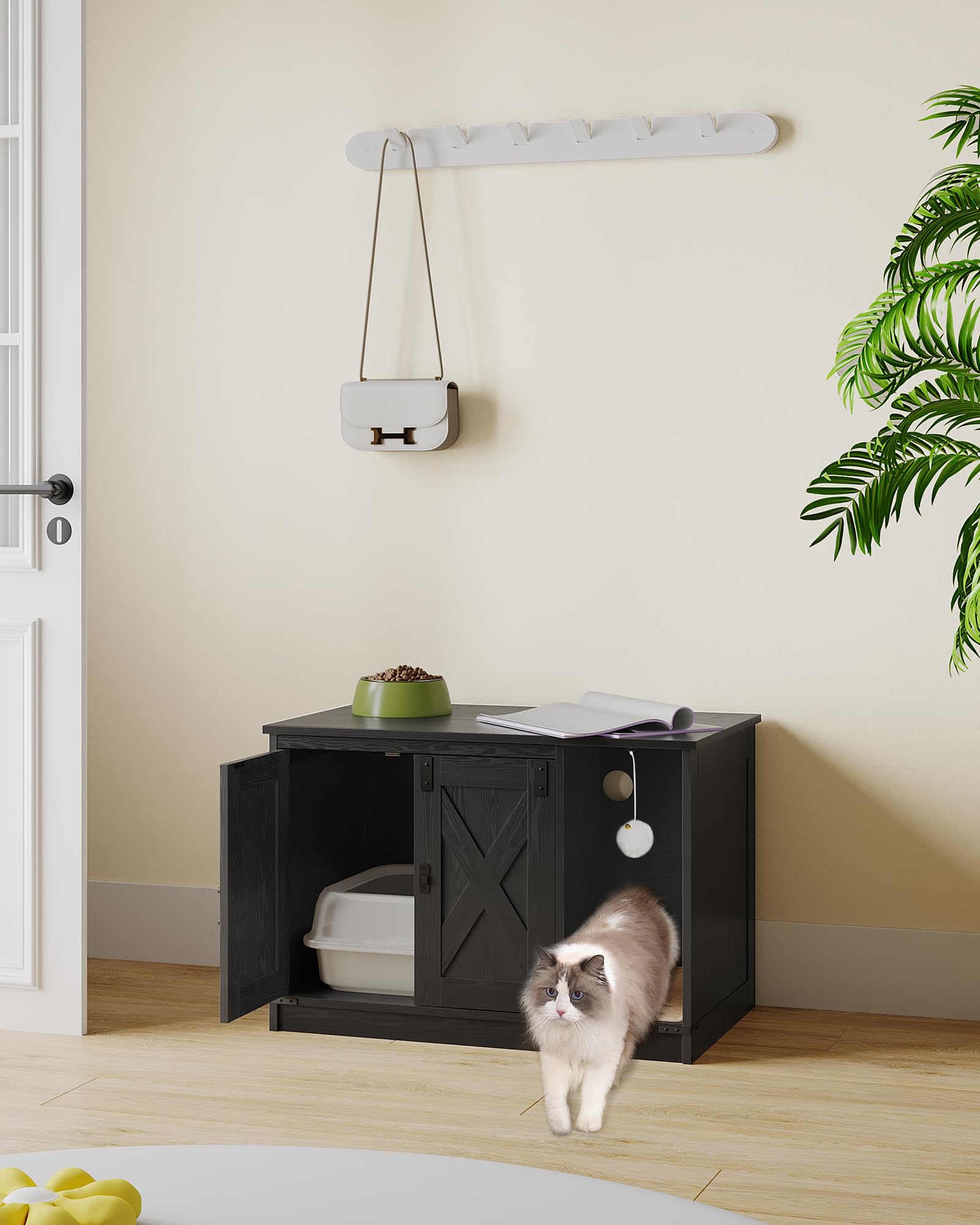 Hzuaneri black finish litter box cabinet with 31.5 x 19.7 x 20.9 in dimensions.