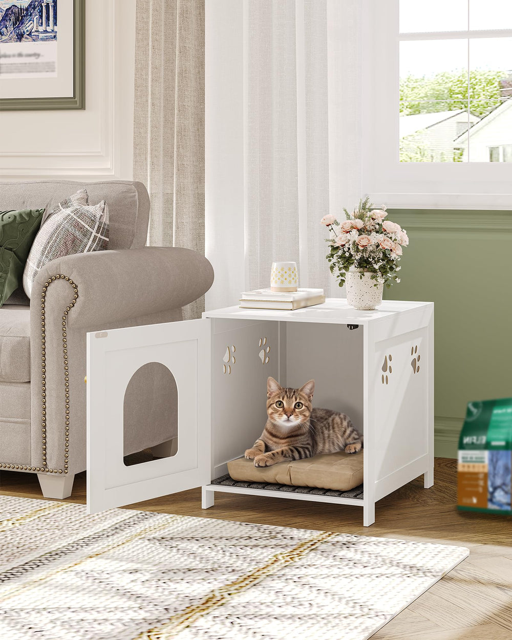 Hzuaneri cat litter box enclosure used as a stylish end table in the living room.