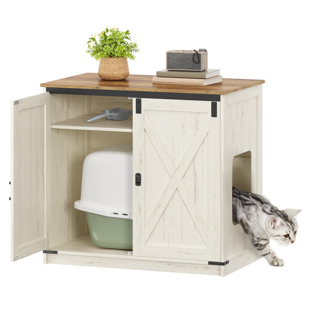Hzuaneri cat litter box enclosure, front view in rustic finish, private and tidy.