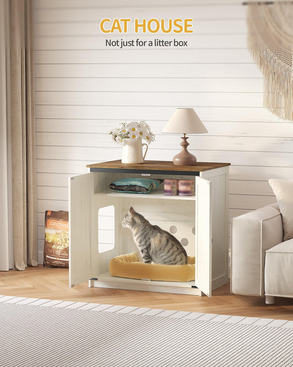 Interior with adjustable shelf adapts to different litter box sizes.