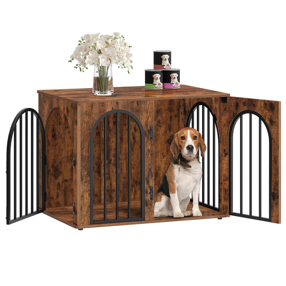 Hzuaneri dog crate with arch door complements rustic interiors while keeping pets safe.