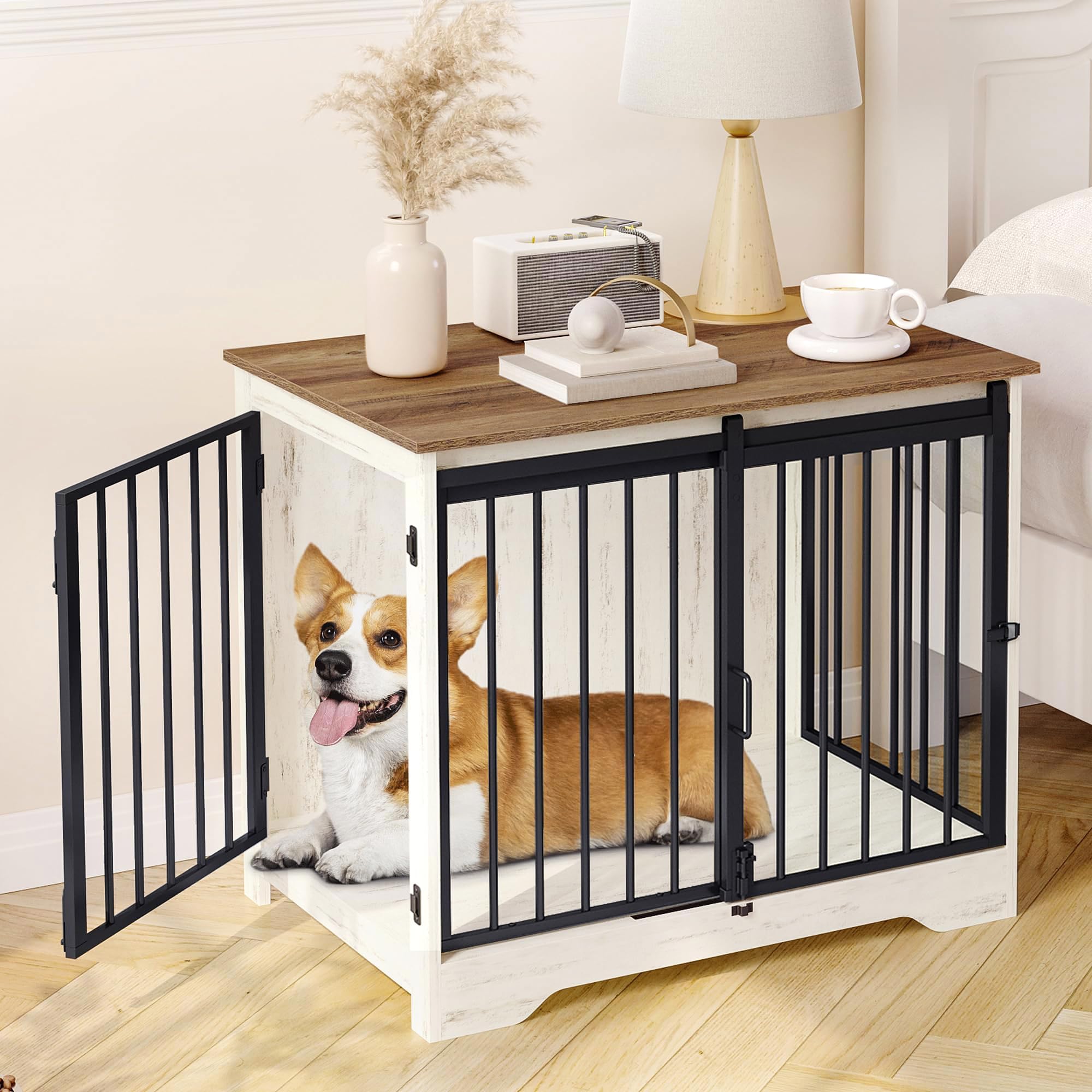 Hzuaneri dog crate with barn door sliding design saves space in living rooms.