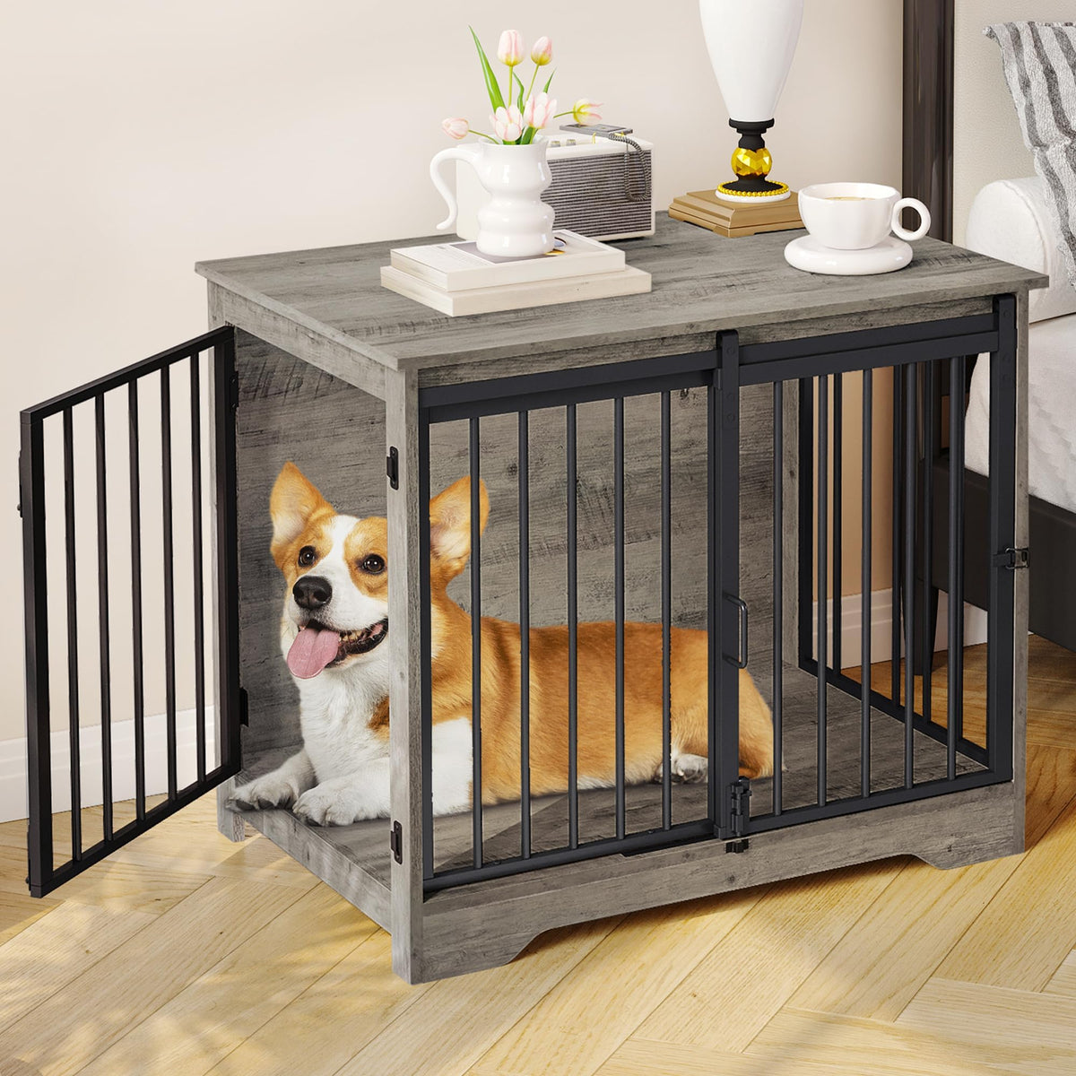 Hzuaneri dog crate with barn door shows space-saving design for cozy rooms