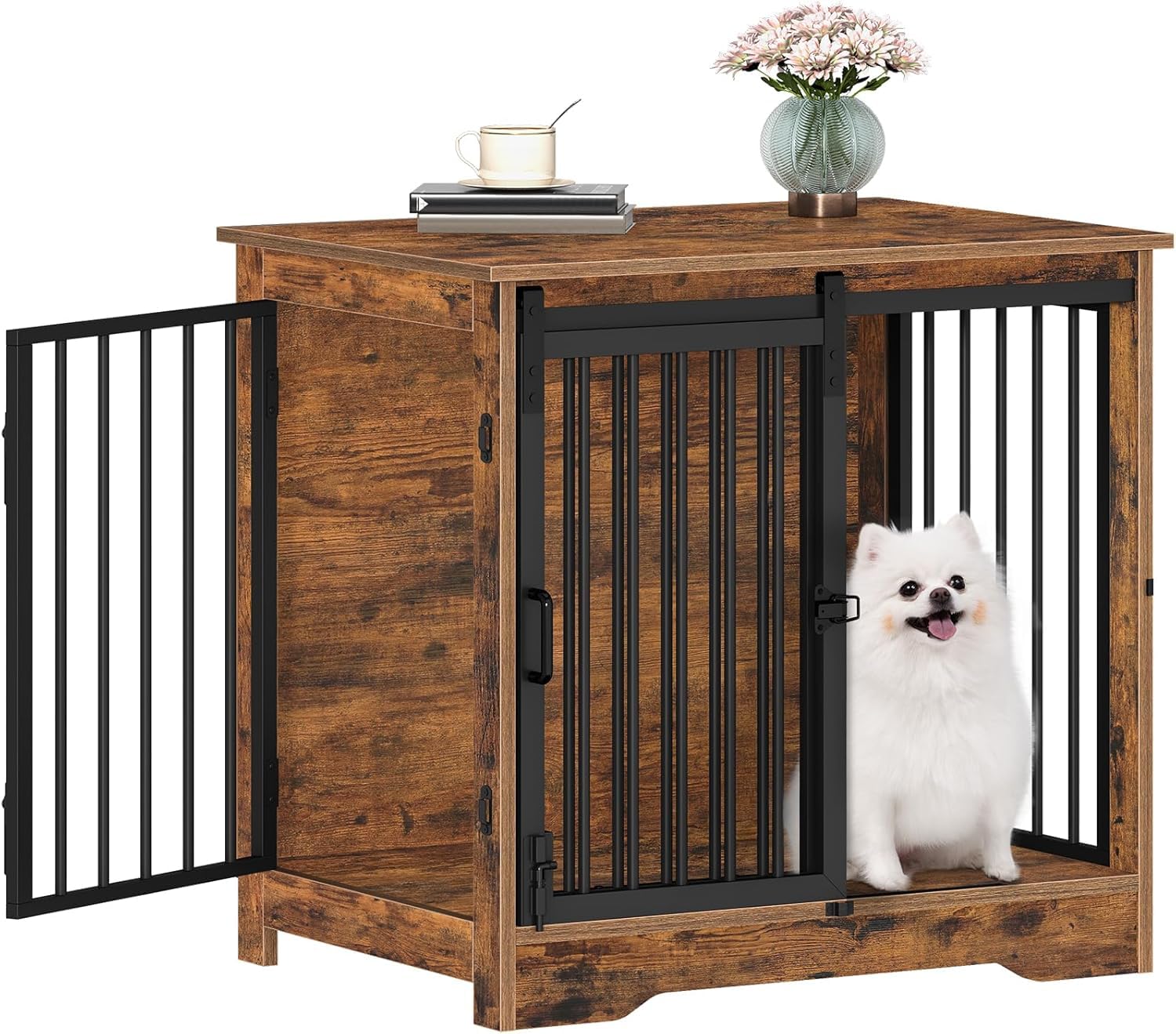 Hzuaneri dog crate furniture with barn door front view showing space-saving design.