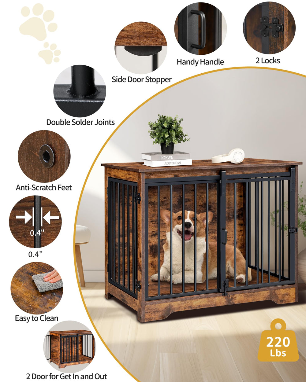 Hzuaneri dog crate max weight 220 lbs for sturdy large breeds