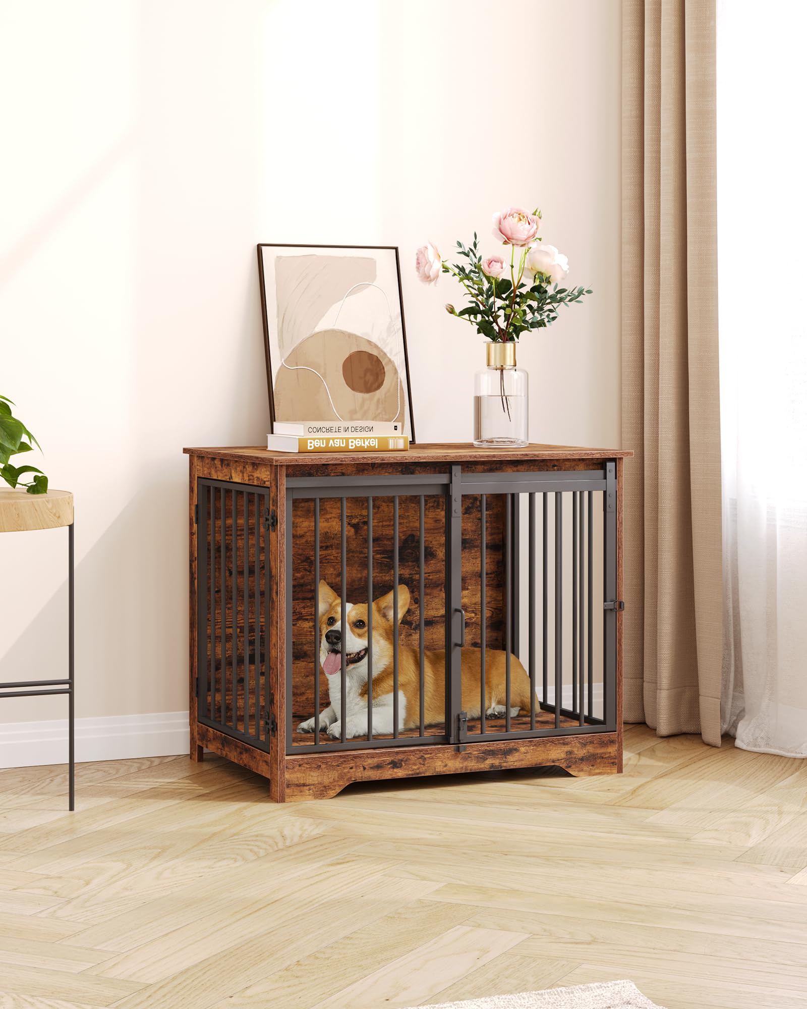 Hzuaneri dog crate wood finish rustic brown exterior emphasizes warm, furniture-like style