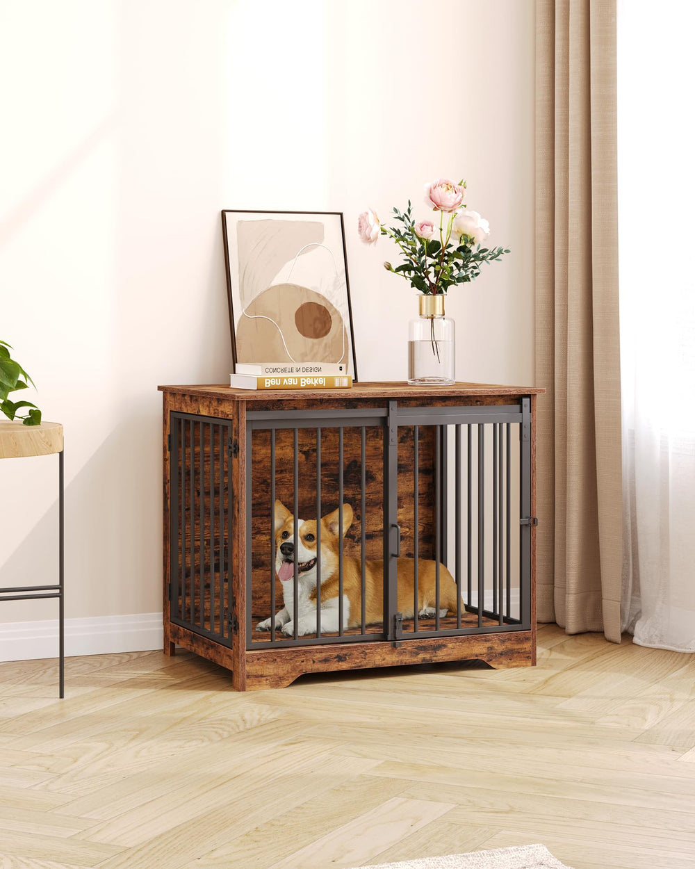 Hzuaneri dog crate wood finish rustic brown exterior emphasizes warm, furniture-like style