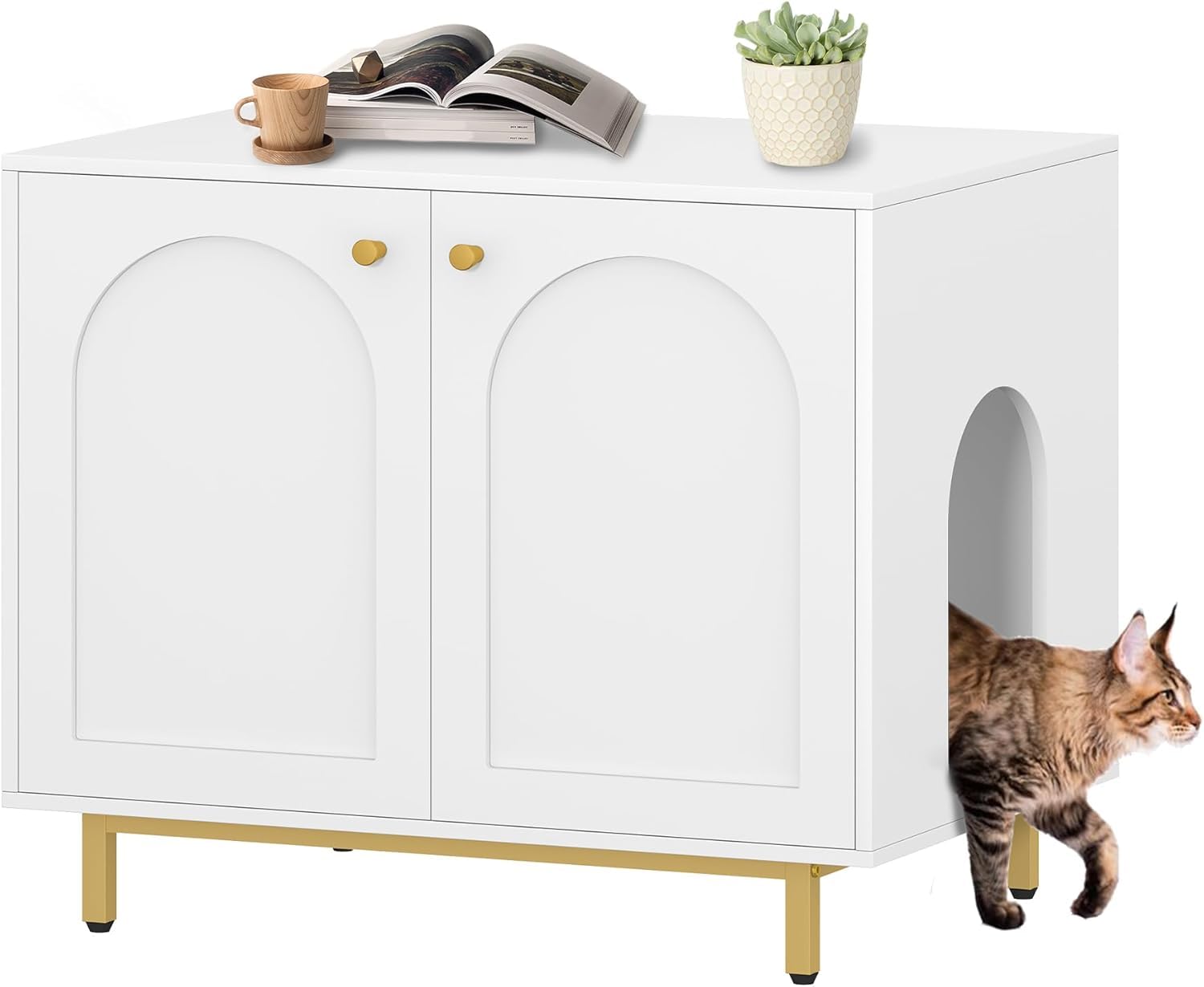 Hzuaneri hidden litter box front view with premium white and gold finish for discreet use.
