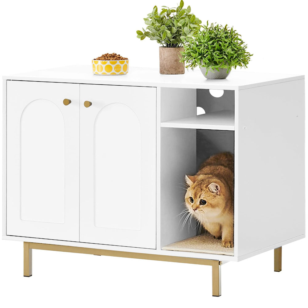 Hzuaneri hidden litter box enclosure in a wooden cabinet keeps living spaces tidy.