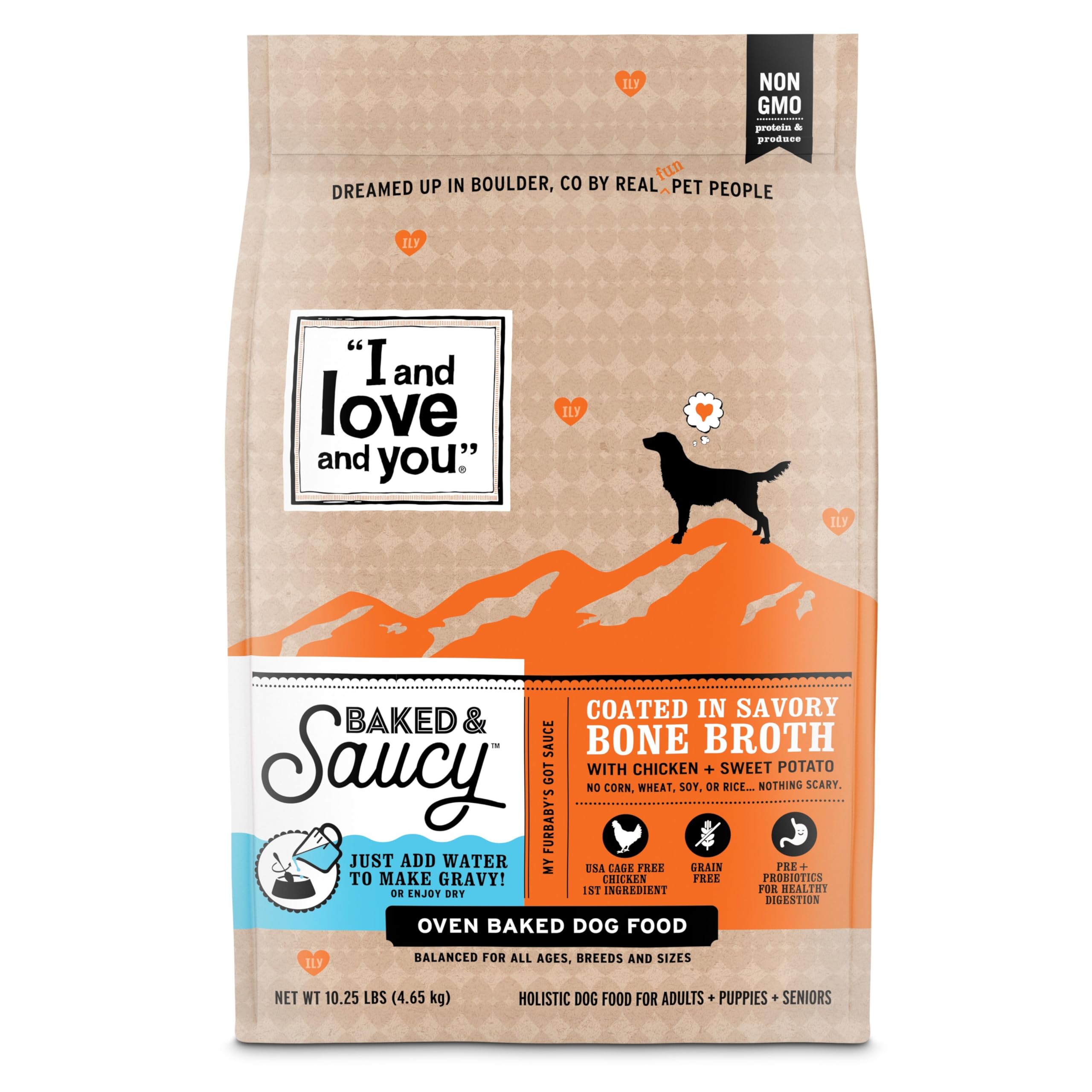 I AND LOVE AND YOU baked-saucy-dry-dog-food chicken-pot kibble with bone broth coating for flavor.